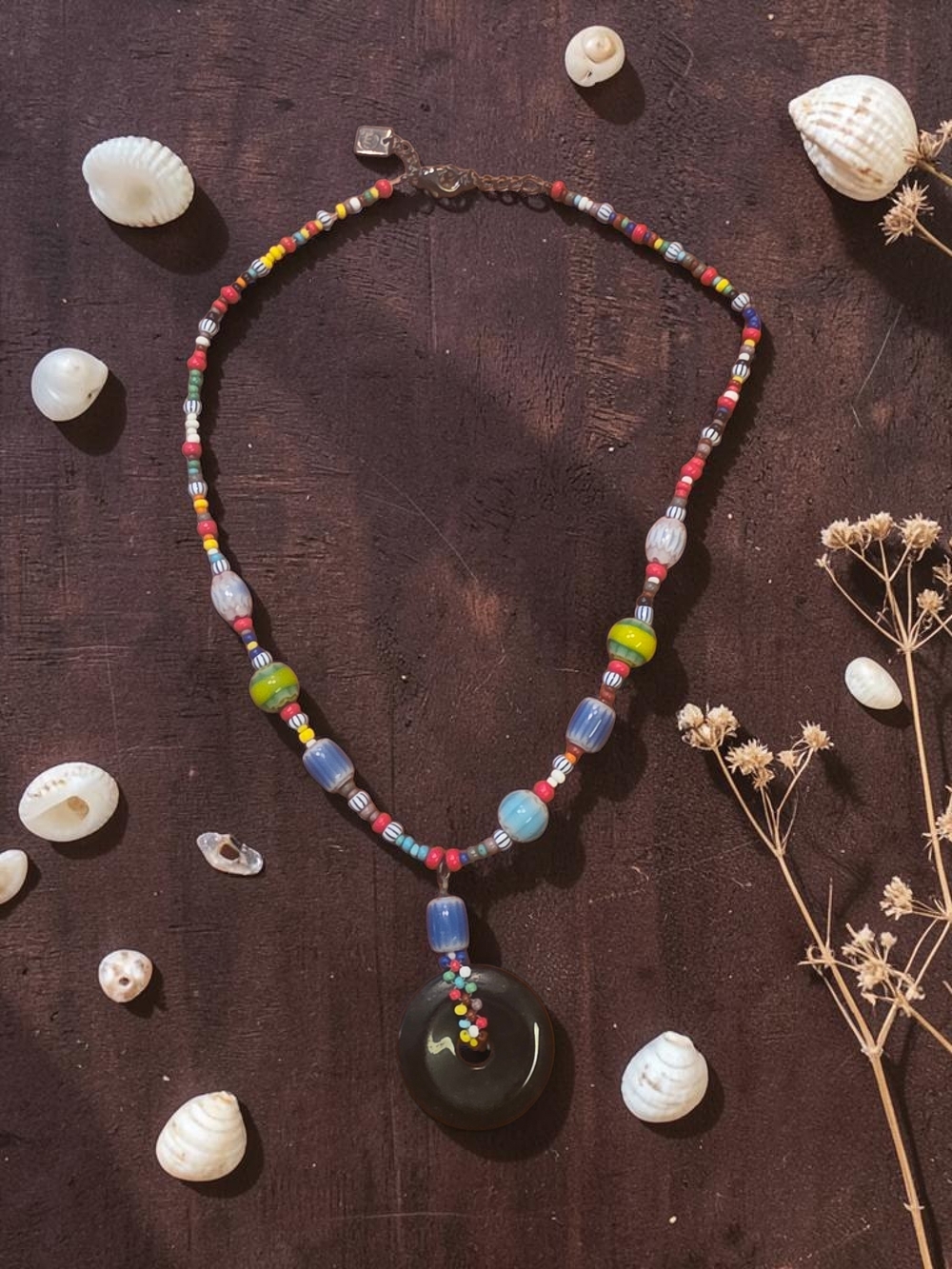Boho Multi-Color Seed Bead Necklace with Dark Donut Pendant